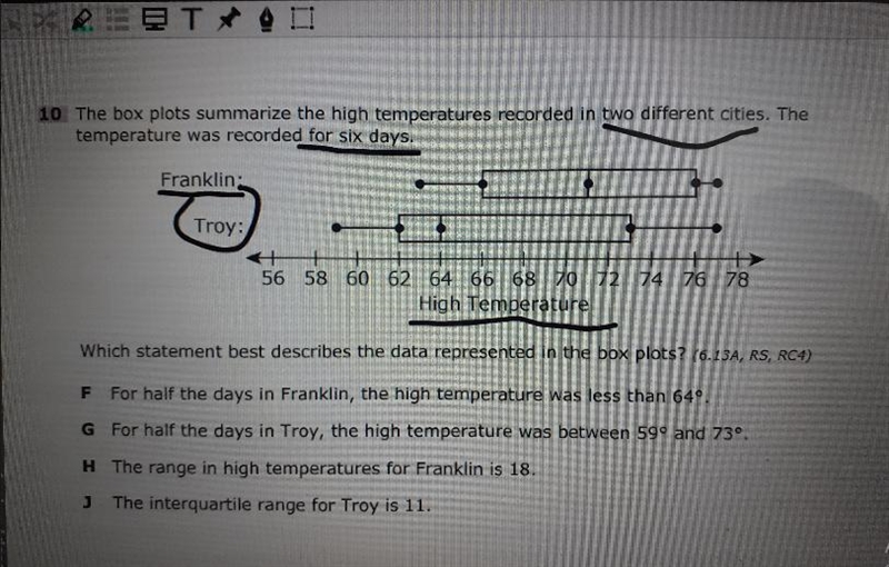 10 The box plots summarize the high temperatures recorded in two different cities-example-1