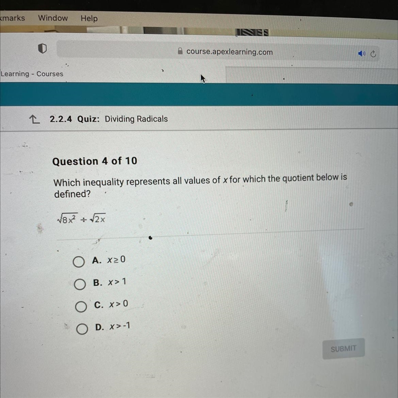 Question 4 of 10Which inequality represents all values of x for which the quotient-example-1