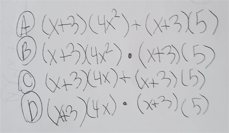 I need help figuring out which of these four options is equivalent to(x + 3)(4 {x-example-1