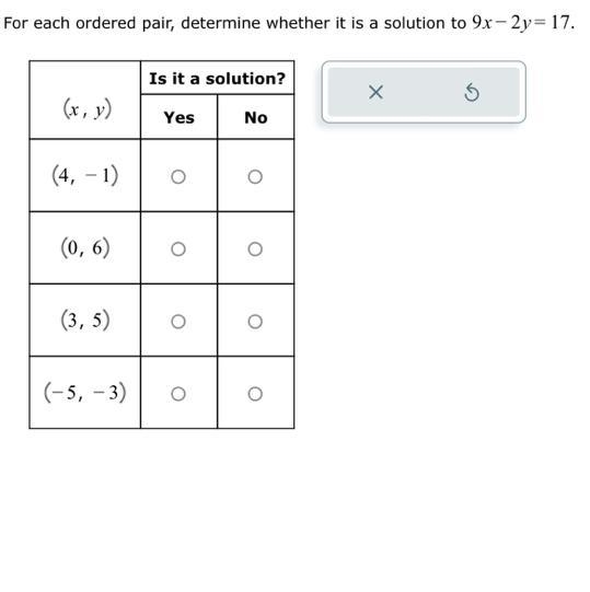 For each ordered pair, determine whether it is a solution to 9x-2y=17.-example-1