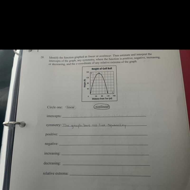 Identify the function graphed as linear or nonlinear. Then an estimate and interpret-example-1