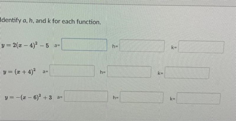 Identify a, h, and k for each function.y=2(x – 4)² - 5y=(x +4)²y=-(x – 6)² +3-example-1