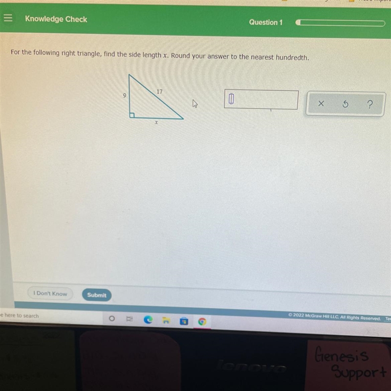 For the following right triangle, find the side length x. Round your answer to the-example-1