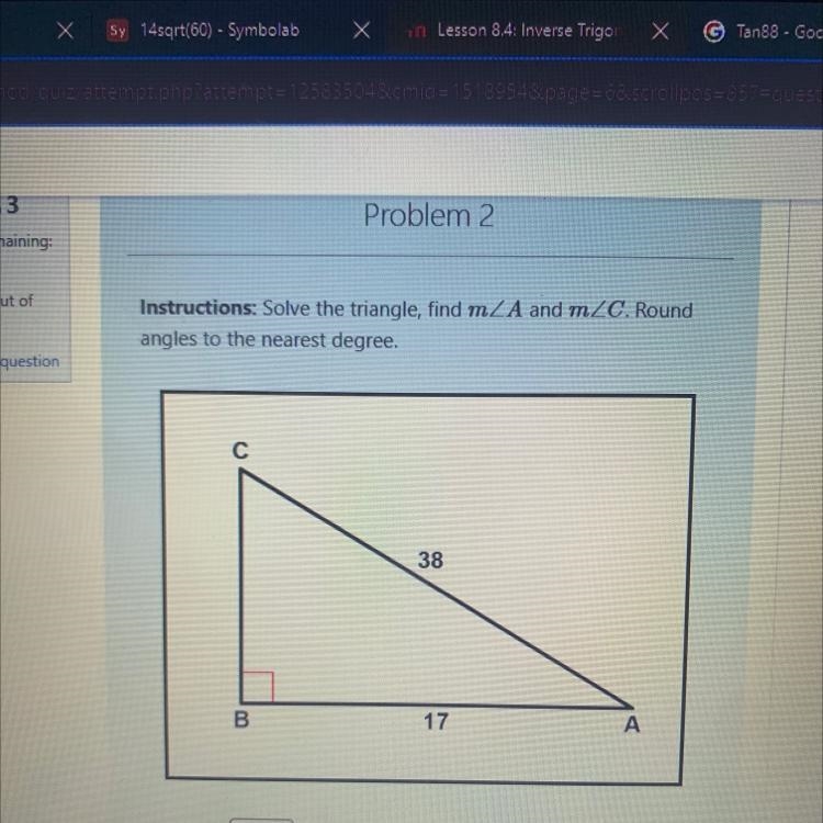 Instructions: Solve the triangle, find m-example-1