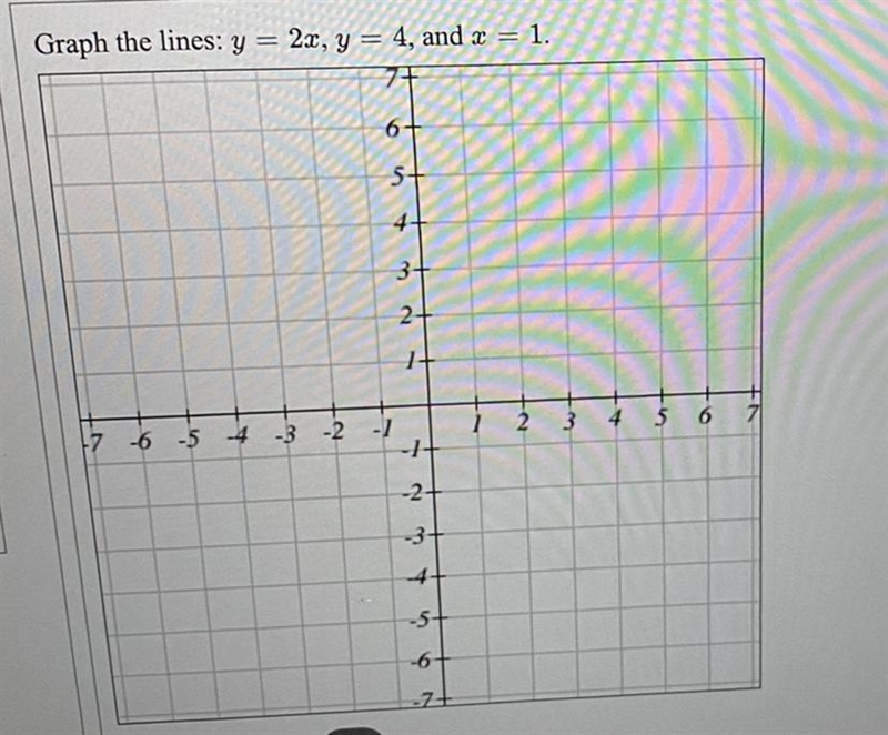 Graph the lines: y=2x, y = 4, and x = 1.65+43+2+1+1 24 5 617 6 5 4 3 2 1-12-3+4+-5+7+-example-1