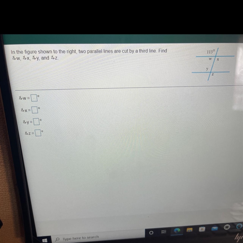 In the figure shown to the right, two parallel lines are cut by a third line. Find-example-1