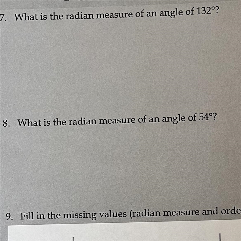 8. What is the radian measure of an angle of 54°-example-1