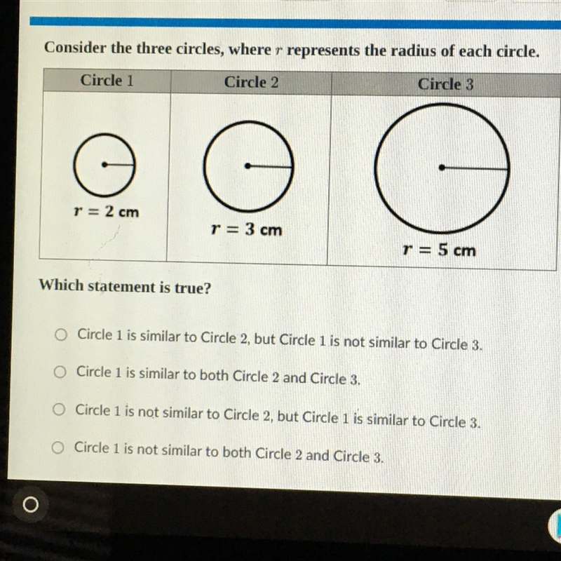 Consider the three circles, where R represents the radius of each circle which statement-example-1