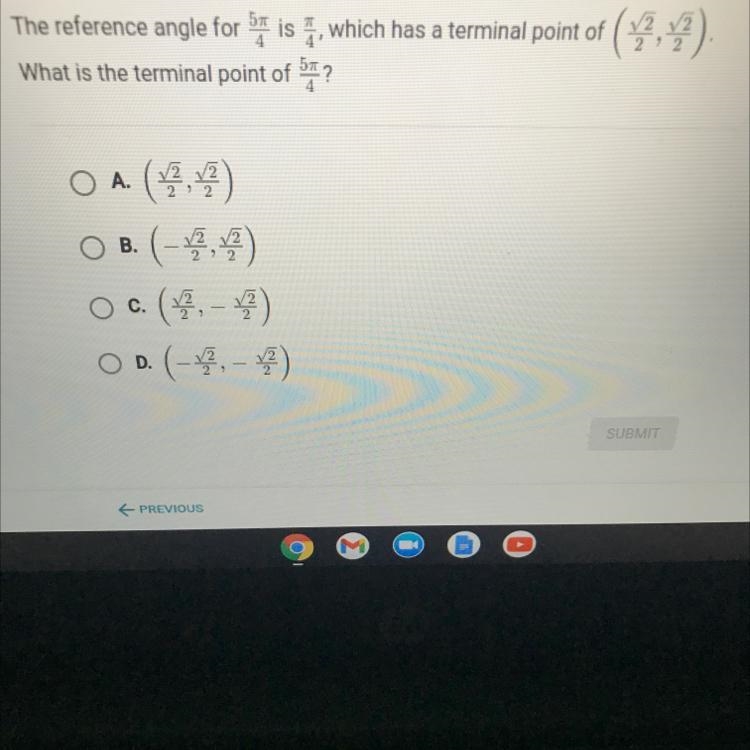 The reference angle for 5 is , which has a terminal point of (2,7).What is the terminal-example-1