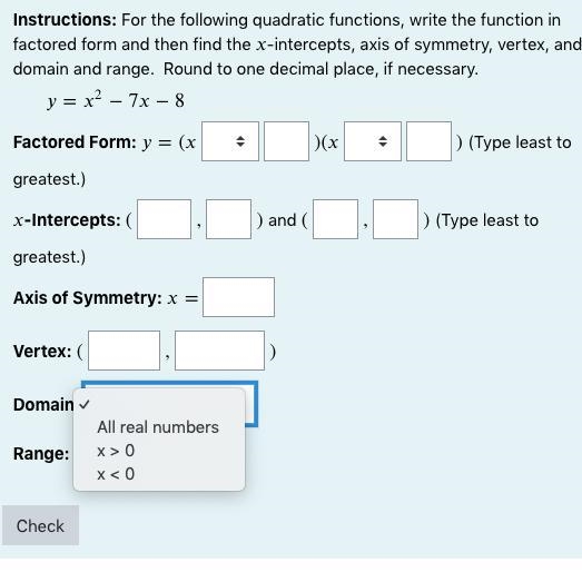 Instructions: For the following quadratic functions, write the function in factored-example-3