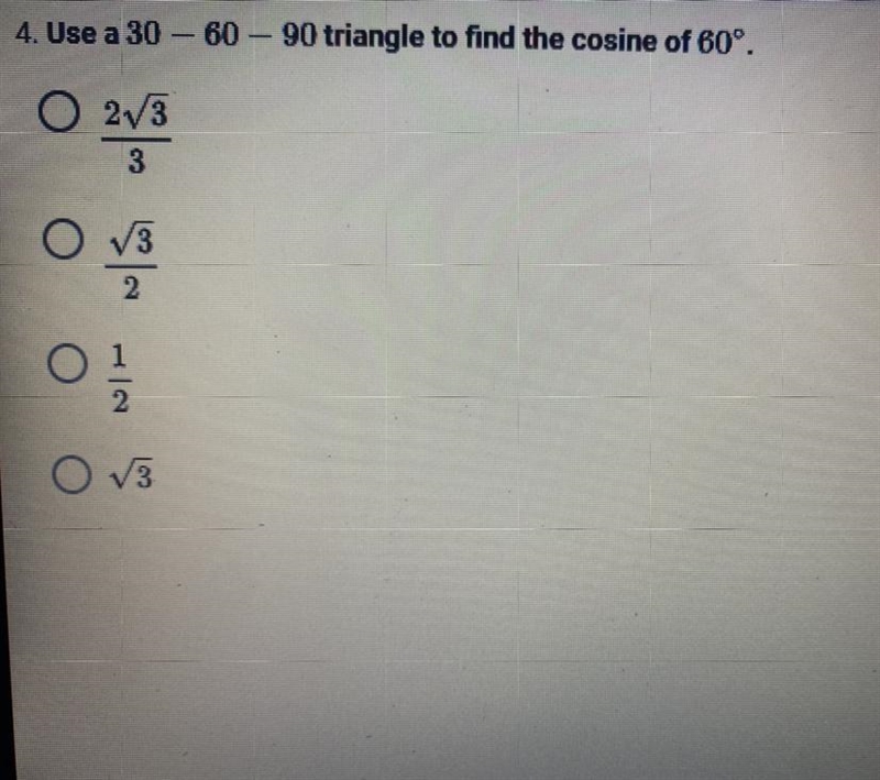 Use a 30 - 60 - 90 triangle to find the cosine of 60 degrees-example-1