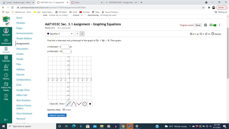 Find the x-intercept and y-intercept of the graph of 2x+6y=6 . Then graph.x-intercept-example-1