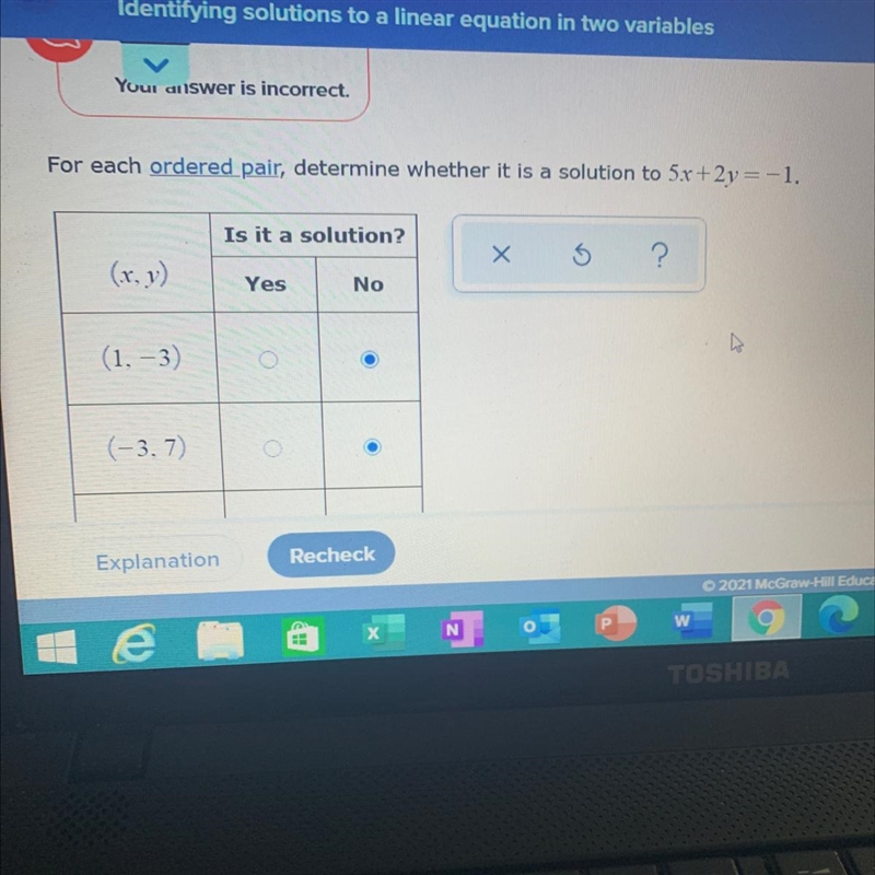 For each ordered pair, determine whether it is a solution to 5x +2y = -1.-example-1