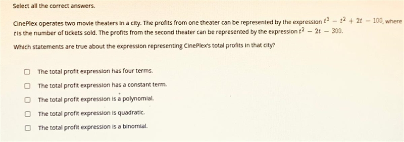 Which statements are true about the expression representing Cineplex's total profits-example-1