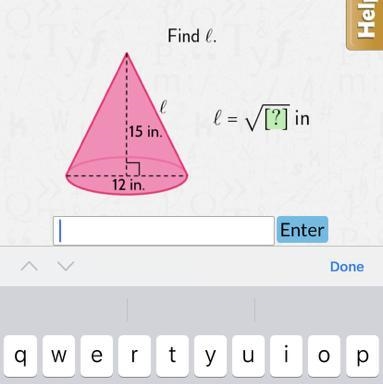 15 in. 12 in. Find l. l = √[?] in-example-1