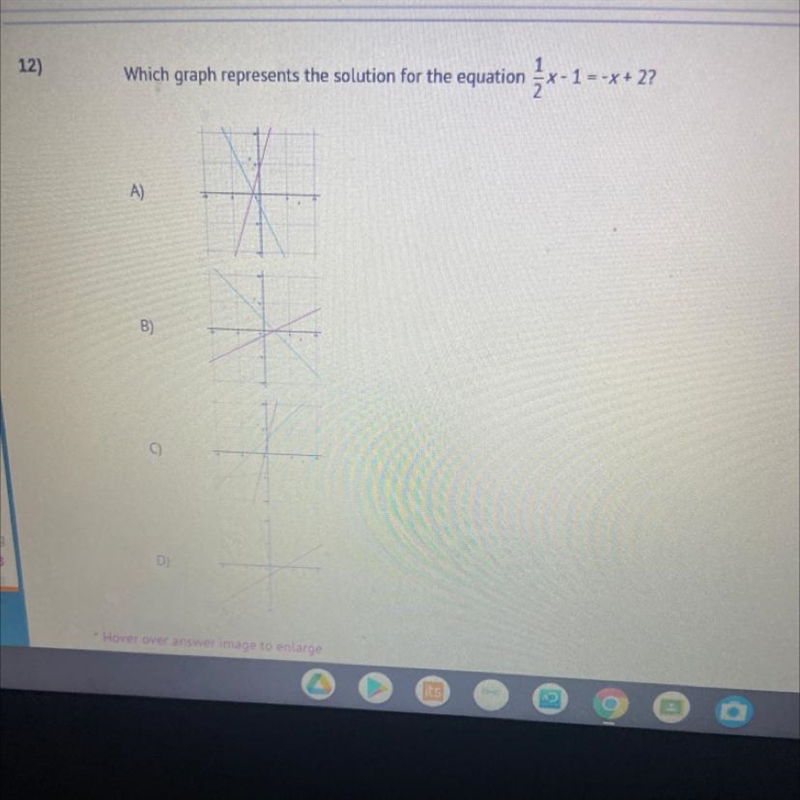 12) Which graph represents the solution for the equation-x-1=-x+ 2?-example-1