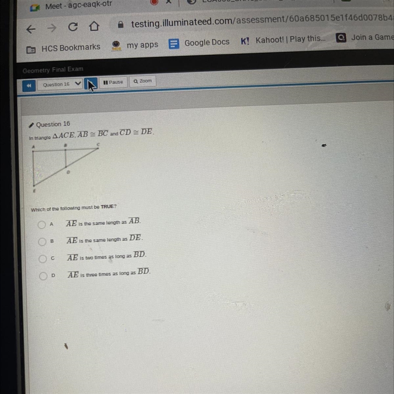 Question 16in targe AACE. AB BC and CD = DEWhich of the following must be TRUEAE she-example-1