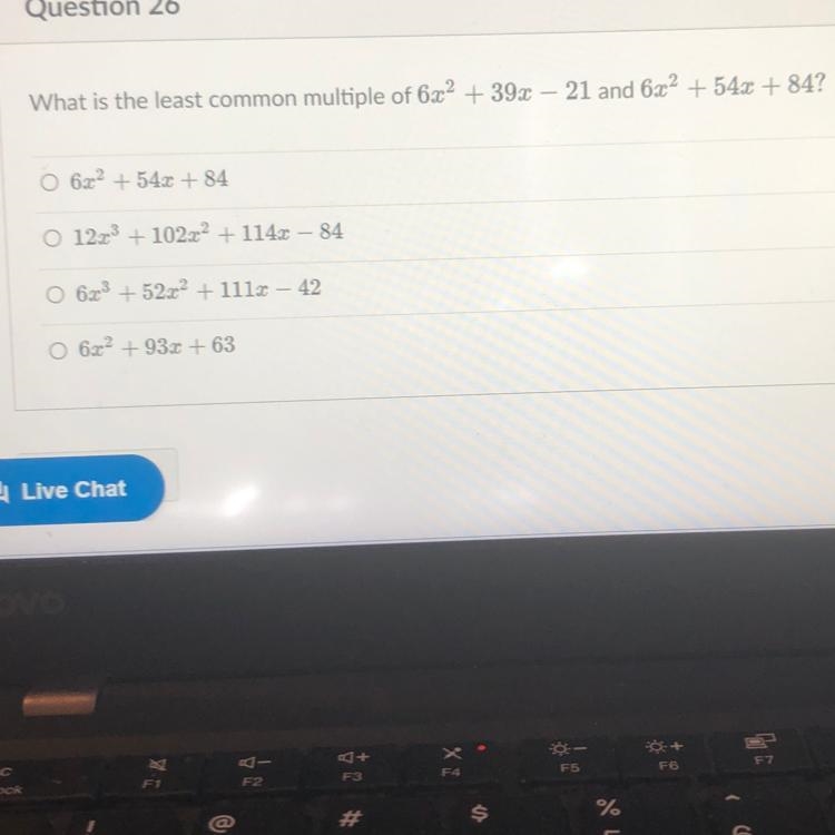 What is the least common multiple of 6x^2+39x-21 and 6x^2+54x+84?-example-1