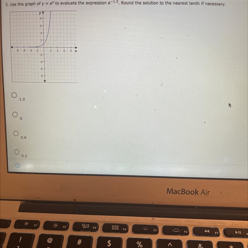 Use the graph of y = ef to evaluate the expression e-1.5. Round the solution to the-example-1