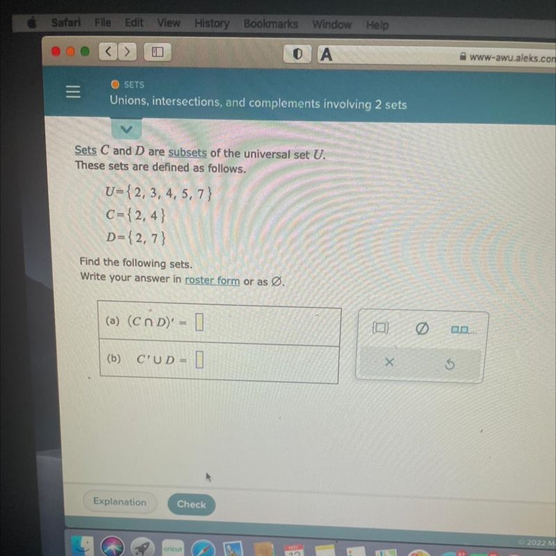 U = 2, 3, 4, 5, 7 C= 2, 4 D= 2, 7 (a) (CnD)’= (b) C’uD=-example-1