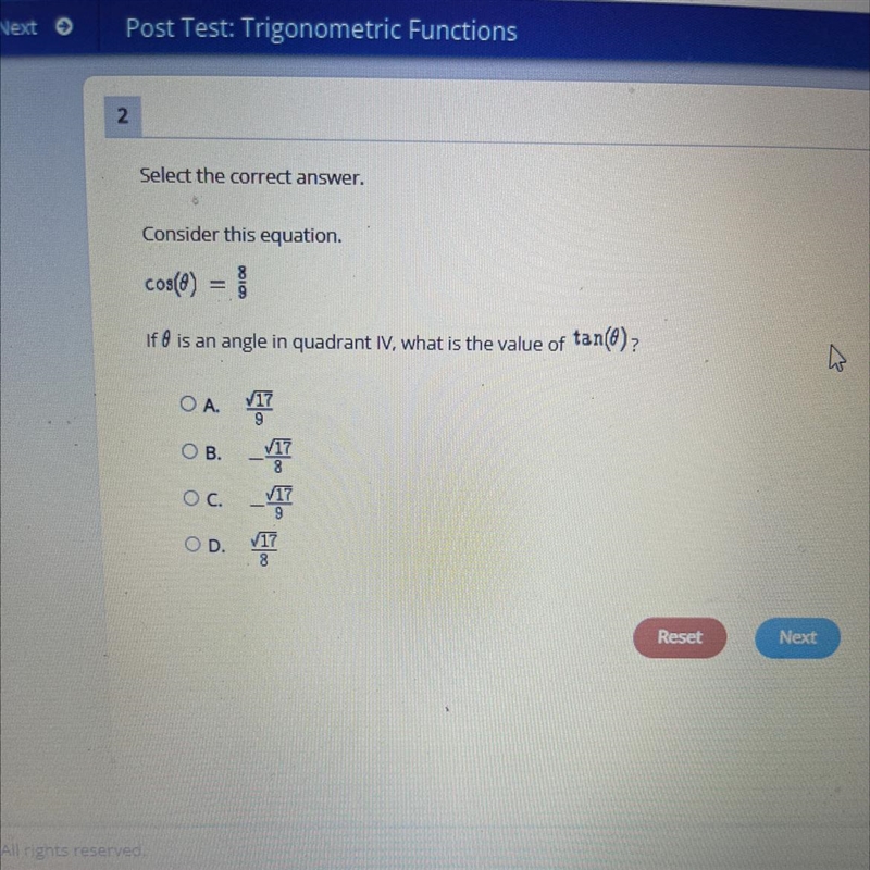 Select the correct answer.Consider this equation.cos() =If is an angle in quadrant-example-1