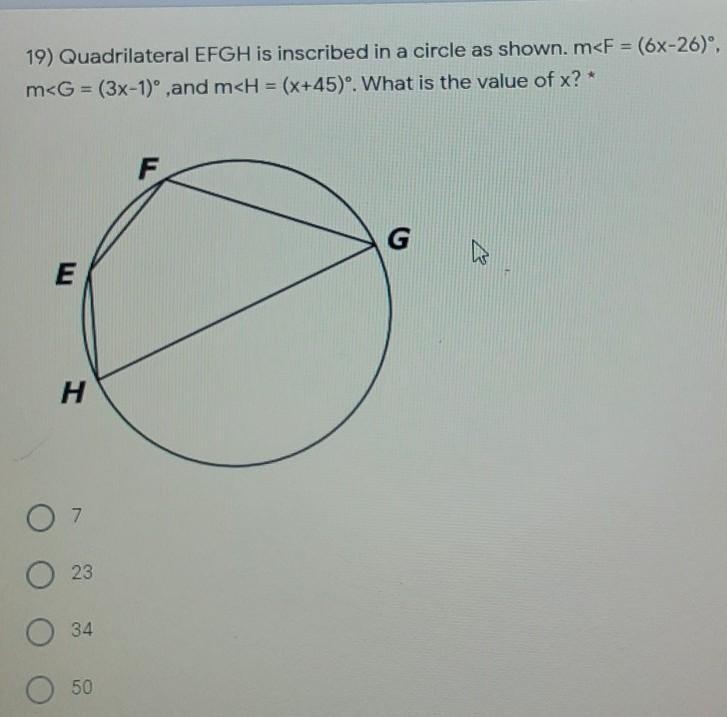 Quadrilateral EFGH is inscribed in a circle as shown. m-example-1