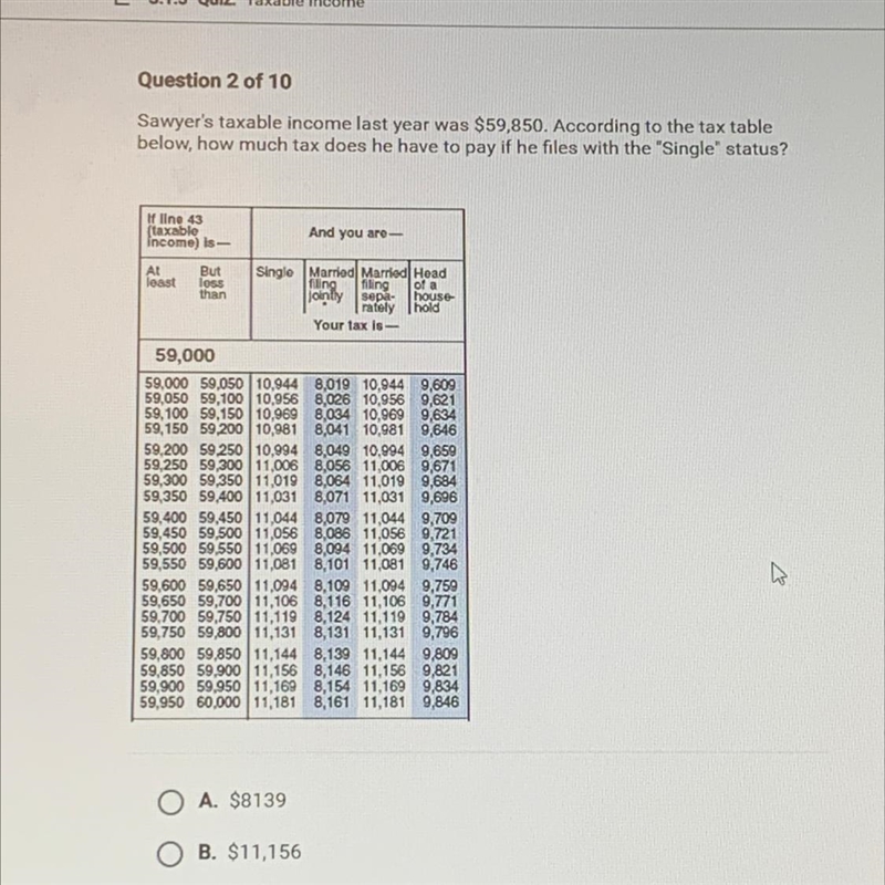 Sawyer's taxable income last year was $59,850. According to the tax table below, how-example-1