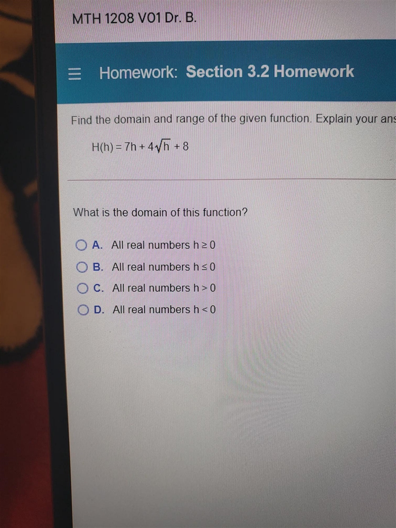 Find the range of given function. H(h)=7h+4 with the square root of h +4-example-1