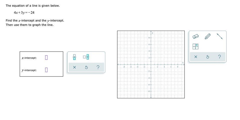 Find the -intercept and the -intercept.Then use them to graph the line.-example-1