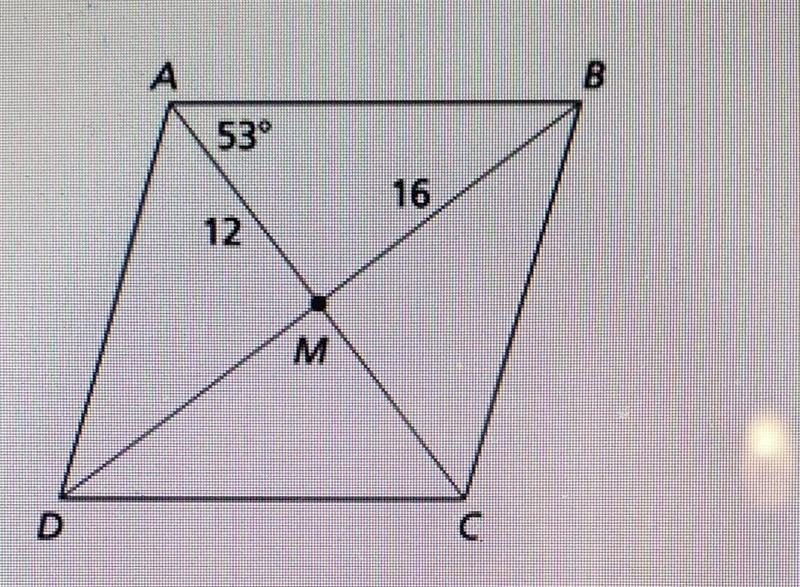 Given the following rhombus ABCD, find measure of angle DAB, ABC, AMB. Also find DM-example-1