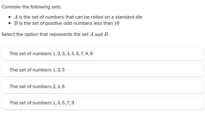 * A is the set of numbers that can be rolled on a standard die * B is the set of positive-example-1