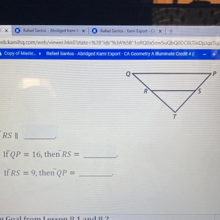 In the figure point R and SR the midpoints of QT and PT fill in the following blanks-example-1