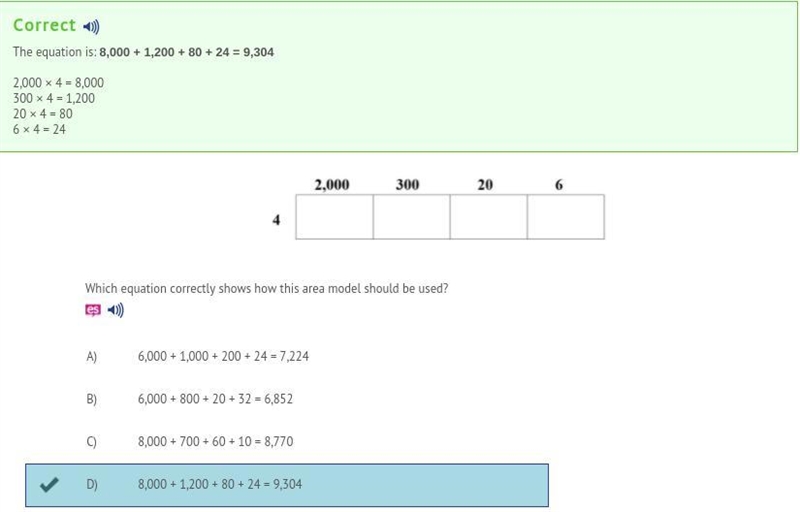 Which equation correctly shows how this area model should be used? 8,000 + 1,200 + 80 + 24 = 9,304-example-1