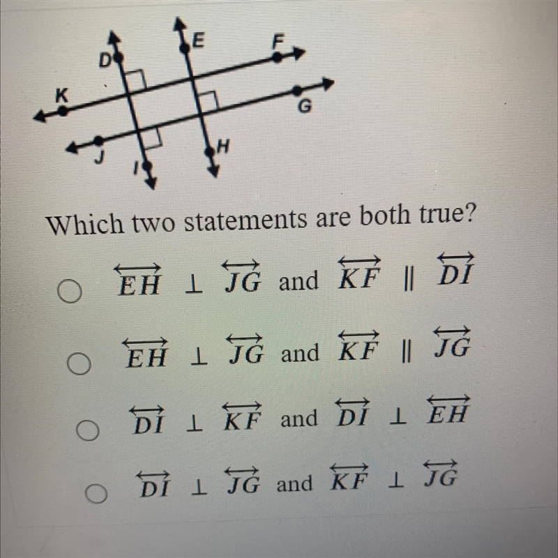 DHWhich two statements are both true?O EH 1 TG and KF | DIDÌEH 1 TĞ and KÊ TĞDi I-example-1