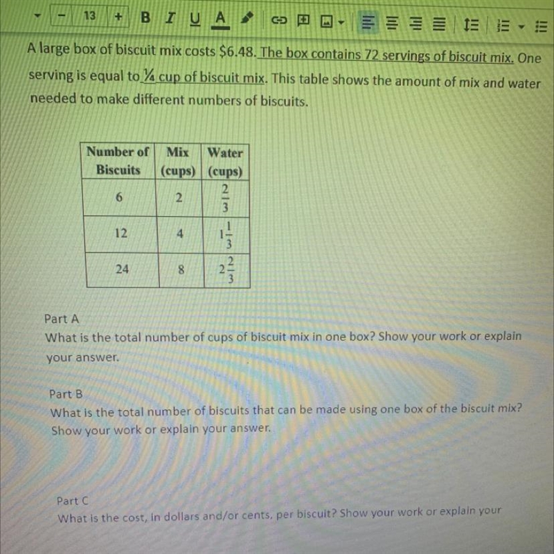 Part A what is the total number of cups of biscuit mix in one box Show your work or-example-1