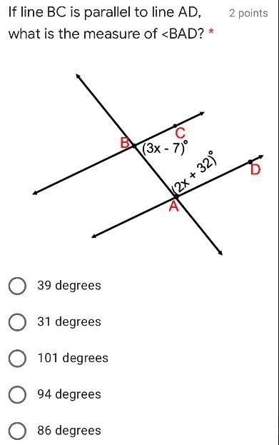 If like bc is parallel to line AD what is the measure of BAD-example-1