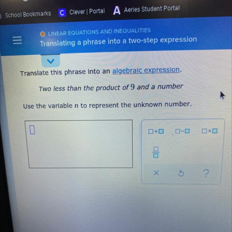 Two less than the product of 9 and a number-example-1