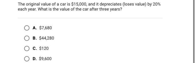 The original value of a car is $15,000, and it depreciates (loses value) by 20%each-example-1