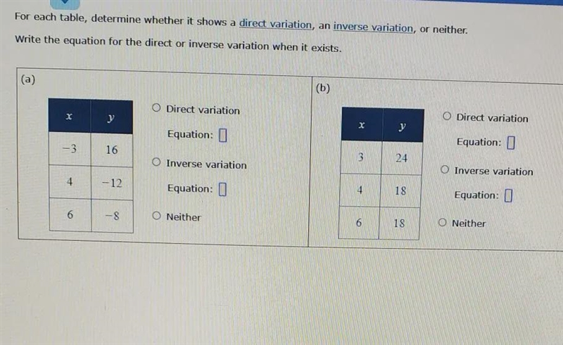 for each table, determine whether it shows a direct variation, an inverse variation-example-1