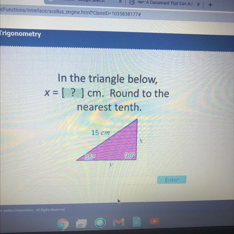 In the triangle below,x = [? ] cm. Round to thenearest tenth.15 cmX35090-example-1