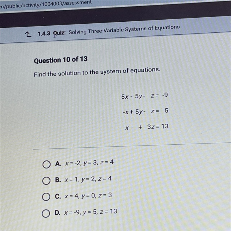 Find the solution to the system of equations. 5x - 5y- Z= -9 -x+ 5y - z= 5 X + 3z-example-1