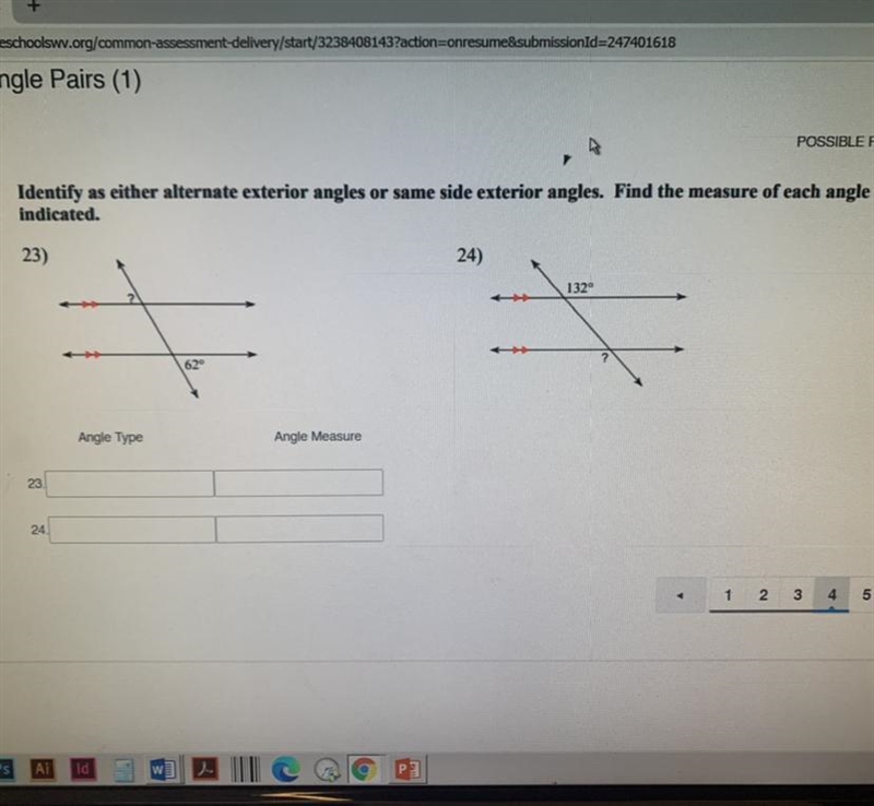 Identify as either alternate exterior angles or same side exterior angles. Find the-example-1