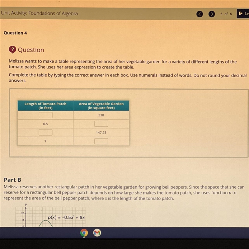 Complete the table by typing the correct answer in each box. Expression for the area-example-1