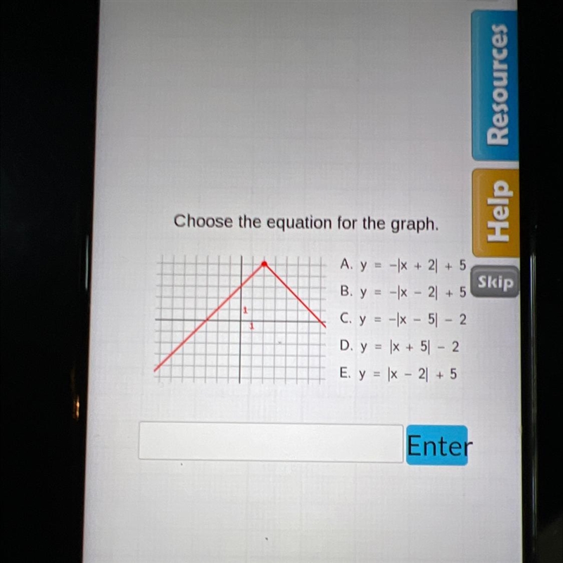 Choose the equation for the graph. A. y = -x + 2 + 5, B. y = -x - 2 + 5 C. y = -x-example-1