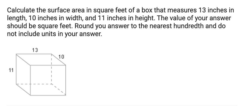 Calculate the surface area in square feet of a box that measures 13 inches inlength-example-1