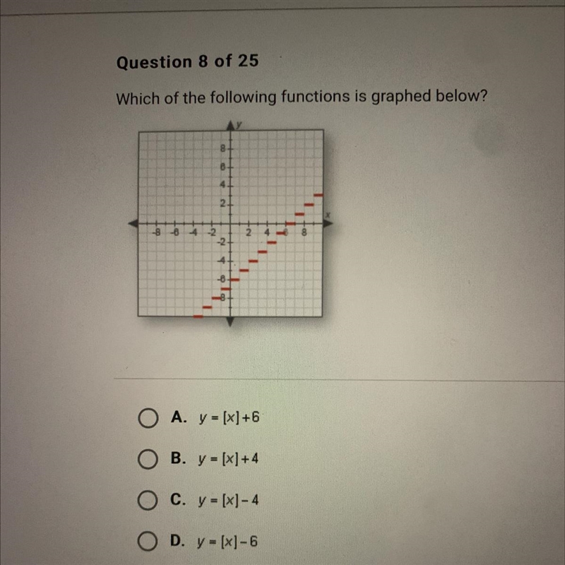 Which of the following functions is graphed below. O A. y = [x]+6O B. y = [x]+4O C-example-1