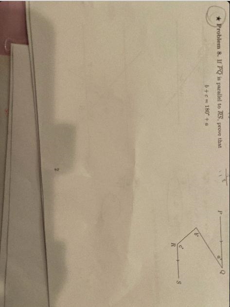 If bar (PQ) is parallel to bar (RS), prove that b + c = 180 ° + a-example-1