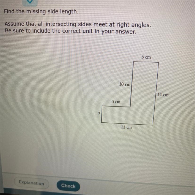 Find the missing side length. Assume that all intersecting sides meet at right angles-example-1