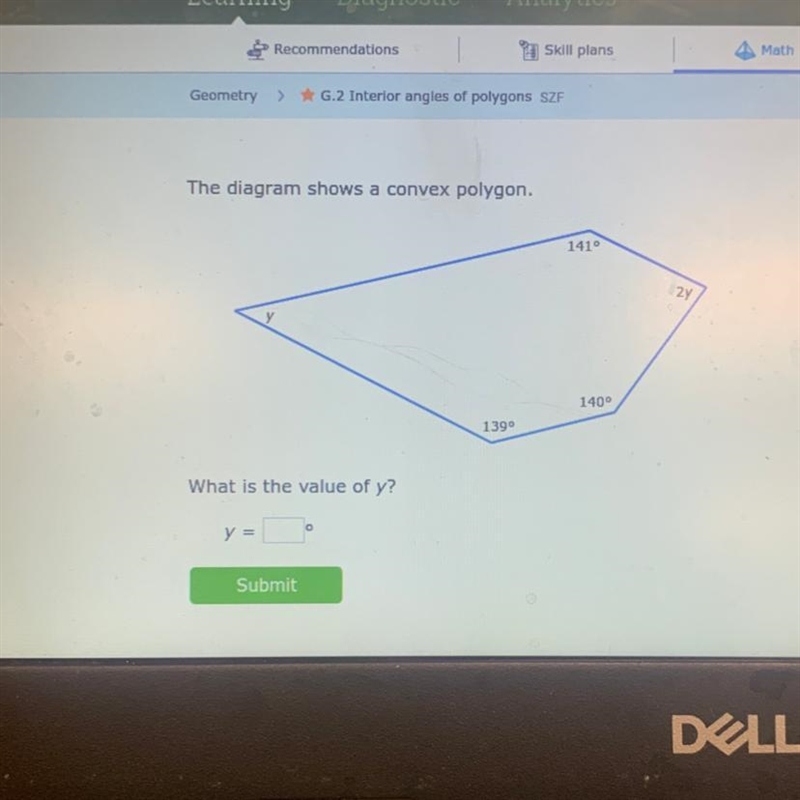 The diagram shows a convex polygon. 1410 2y у 140° 1390 What is the value of y? O-example-1