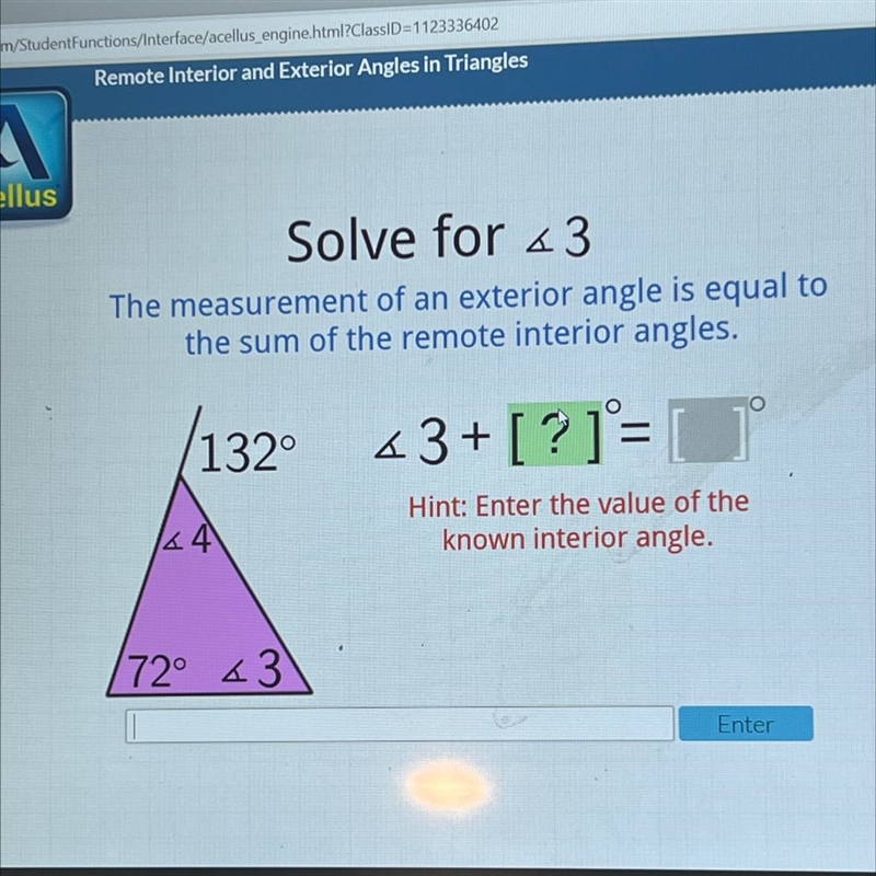 Solve for <3The measurement of an exterior angle is equal tothe sum of the remote-example-1